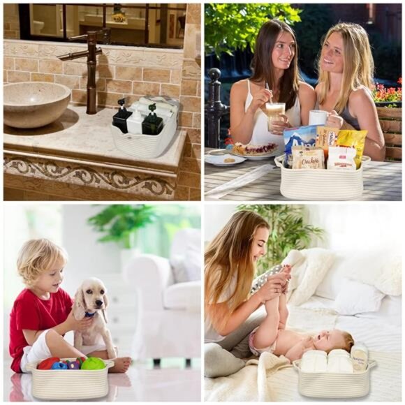 Woven Cotton Rope Storage Basket with Handles for Organizing Shelves Closet - Picture 6 of 8